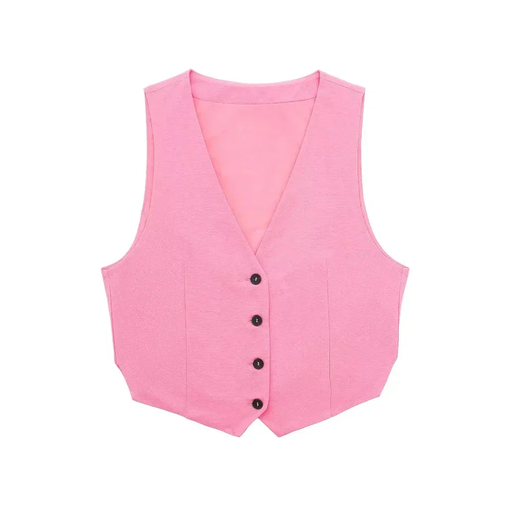 Conjunto Vintage: Colete e Shorts Rosa Monocromático com Gola V - DermeBela