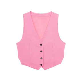 Conjunto Vintage: Colete e Shorts Rosa Monocromático com Gola V - DermeBela
