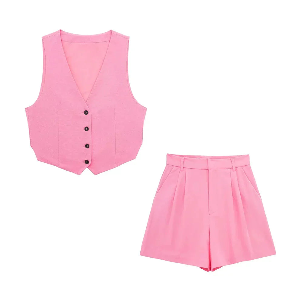 Conjunto Vintage: Colete e Shorts Rosa Monocromático com Gola V - DermeBela