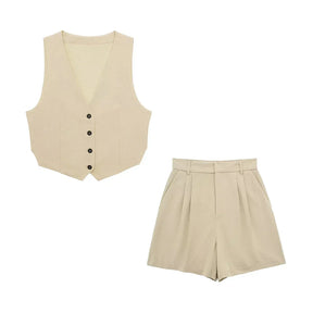Conjunto Vintage: Colete e Shorts Rosa Monocromático com Gola V - DermeBela